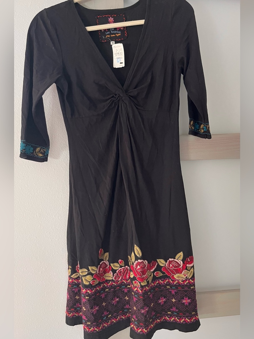 JOHNNY WAS (jwla) BLACK TWIST TOP DRESS Embroidered Roses S A-Line V-Neck NWT!